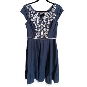 eShakti | Navy Blue & White Floral Embroidered Cap Sleeve Fit & Flare Dress